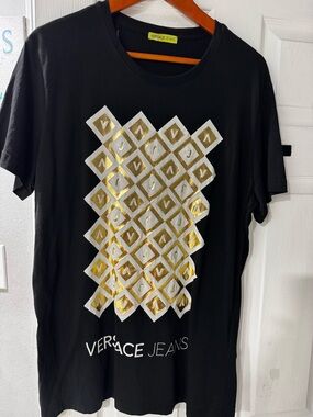 Versace Jeans Collection Black T-Shirt with Gold and White Geometric Print